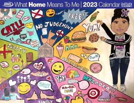 2023 What Home Means to Me Calendar Winner. The drawing features a girl pointing at various things that mean home to her.