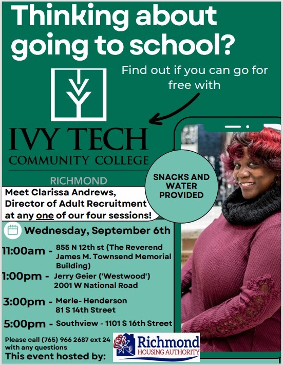 Ivy Tech Community College Flyer. All information on this flyer is listed above.