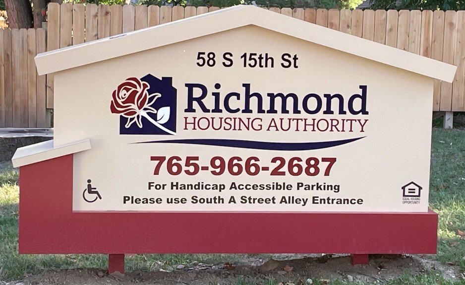 Text of 81 South 15th Street. Richmond Housing Authority. Privately owned and Operated by Richmon Housing Authority. 765.966.2687. For Handicap Accessible Parking Please use South A Street Alley Entrance.
