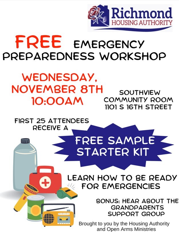 Emergency Preparedness Workshop Flyer. All information on this flyer is listed above.