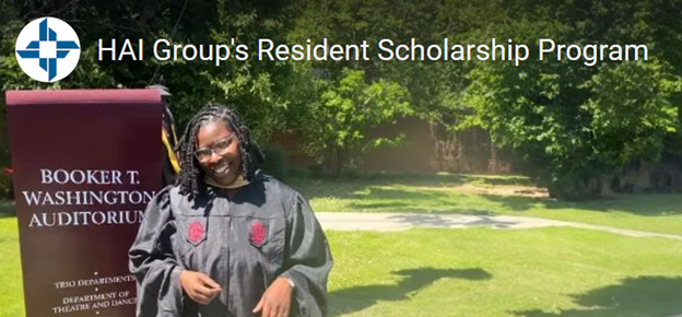 Woman in graduation robe with text that reads HAI Group's Resident Scholarship Program