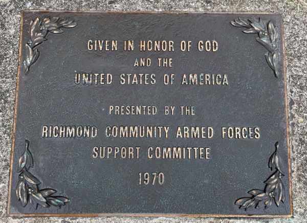  Close up of the Merle Henderson Plaque. Given in honor of God and the United States of America. Presented by the Richmond Community Armed Forces Support Committee. 1970.