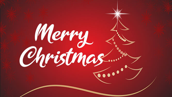 Modern drawing of a Christmas tree and the text, Merry Christmas. 