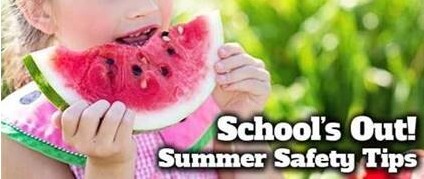 School's Out! Summer Safety Tips. A child eating a bite of watermelon.